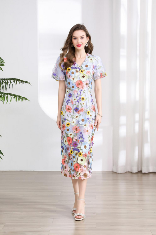 フラワー ワンピース Vネック 花柄 半袖