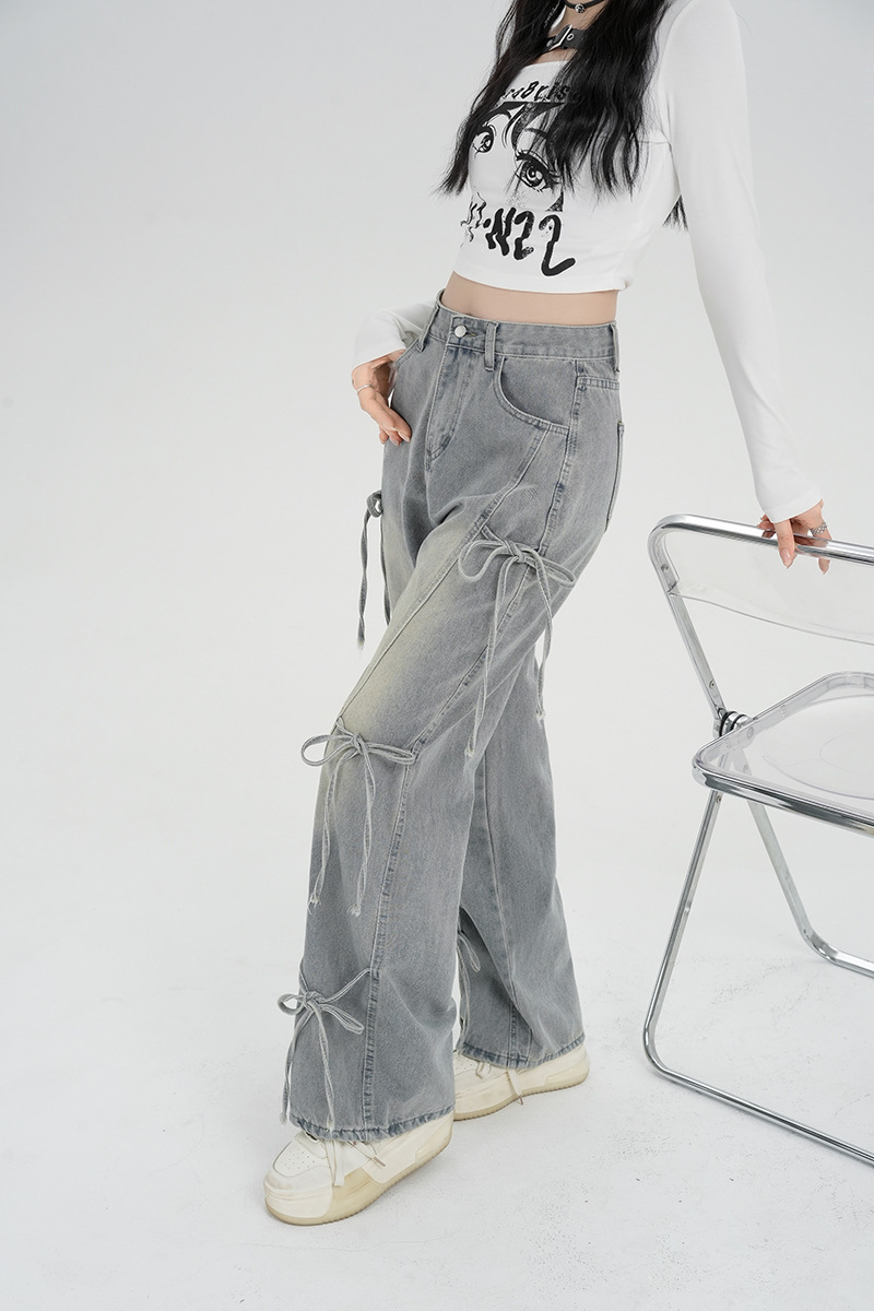 レディース デニム ワイドレックパンツ 蝶結び リボン ストレート ジーンズ