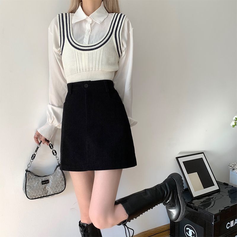 Fat mm プラスサイズ女性用コーデュロイ Aラインスカート、秋、新デザイン、ハイウエスト、ブラック、スリム、ヒップにぴったり合うショートスカート