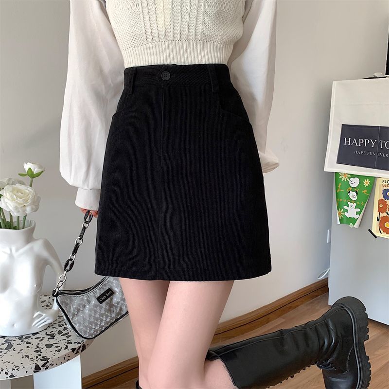 Fat mm プラスサイズ女性用コーデュロイ Aラインスカート、秋、新デザイン、ハイウエスト、ブラック、スリム、ヒップにぴったり合うショートスカート