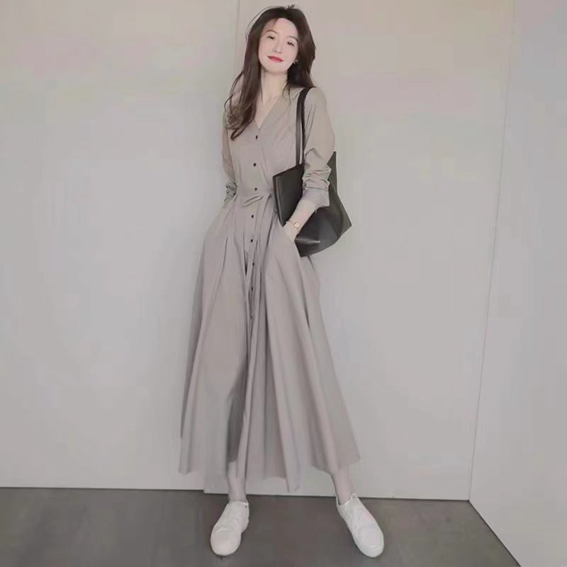 レディース 長袖 ロングワンピース VネックAライン