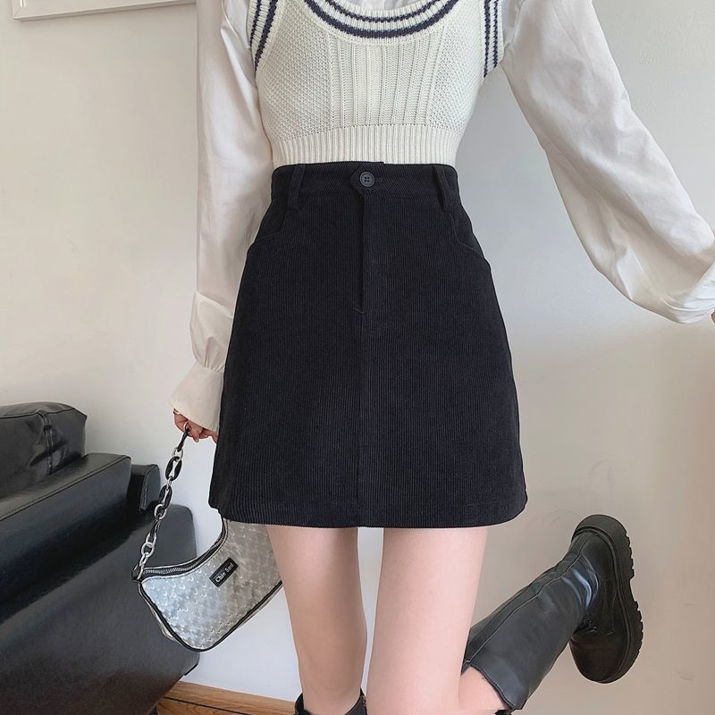 Fat mm プラスサイズ女性用コーデュロイ Aラインスカート、秋、新デザイン、ハイウエスト、ブラック、スリム、ヒップにぴったり合うショートスカート