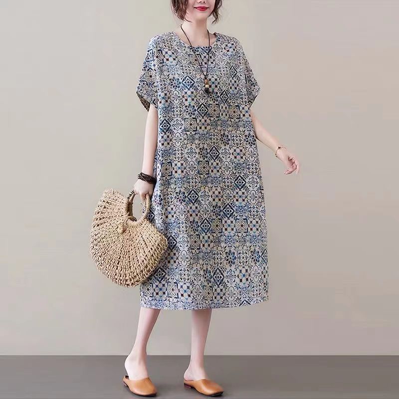Lサイズ花柄ロングドレス、子供用、夏用、薄手用、Mサイズ、ヤング用、ゆったりで隠れるミディスカート、レトロなエスニックスタイルのドレス