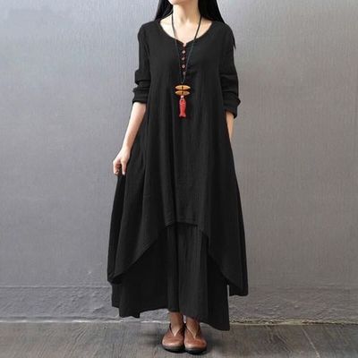 レディース  長袖 ロングワンピース ゆったり リネンワンピース