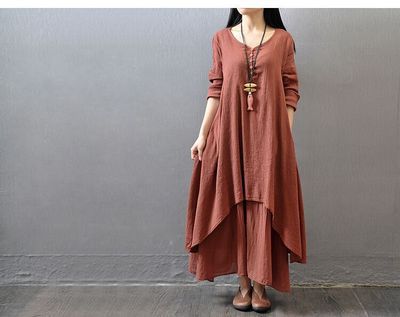 レディース  長袖 ロングワンピース ゆったり リネンワンピース