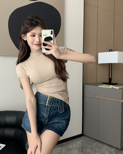 レディース ハーフタートルネック 半袖Tシャツ スリムフィット インナー トップス