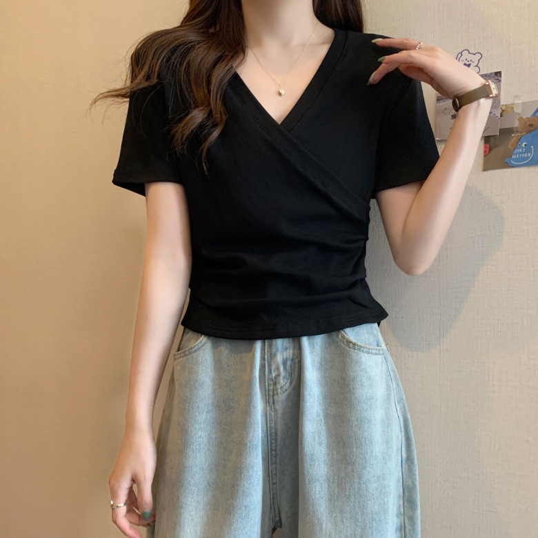 レディース クロスVネック半袖Tシャツ スリムフィット