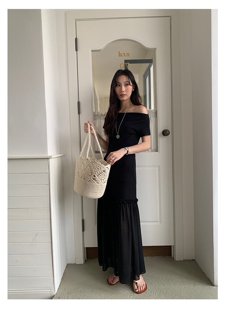 レディース オフショルダー リゾート ワンピース ニット＆シフォン裾 レイヤード風