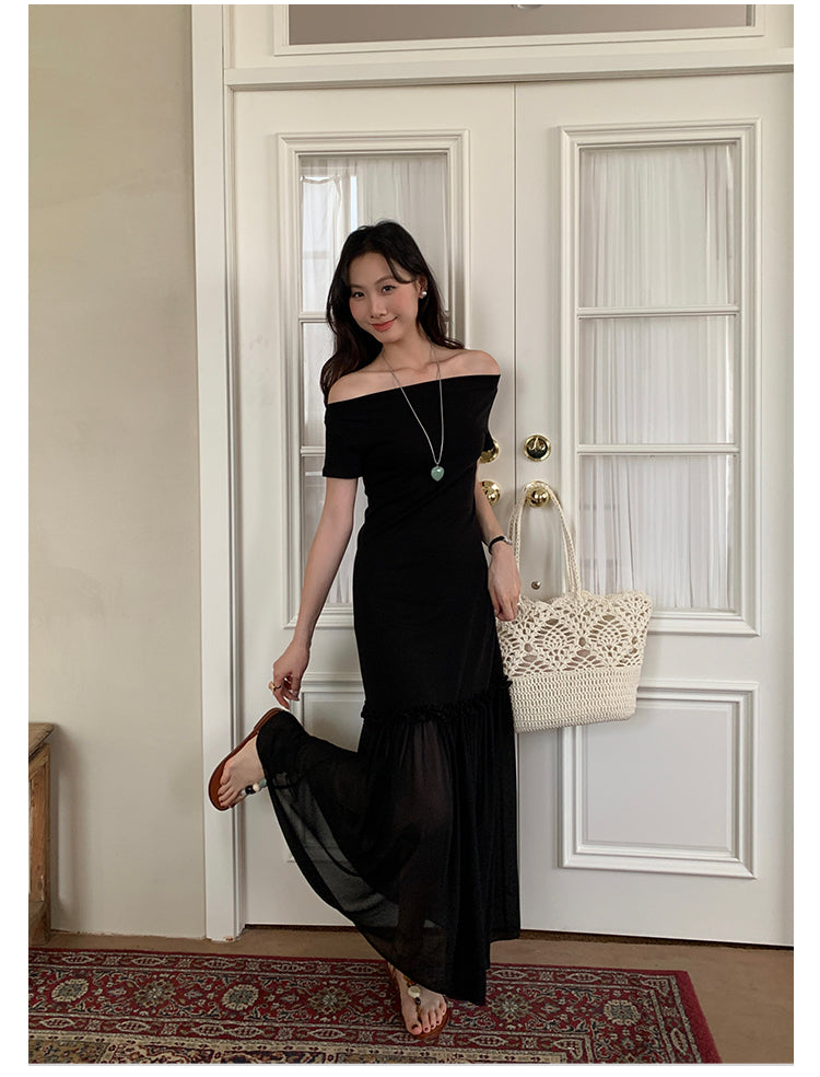 レディース オフショルダー リゾート ワンピース ニット＆シフォン裾 レイヤード風