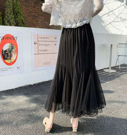 メッシュスカート ハイウエスト Aライン プリーツスカート ミドル丈 レディース ロングスカート 春夏