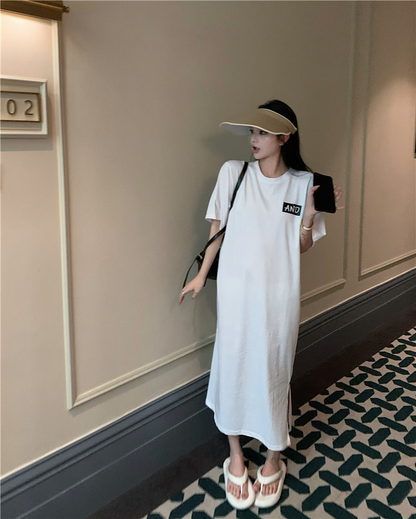 レディース ゆったり カジュアル半袖ロングスカート ワンピース  半袖Tシャツ 丸首