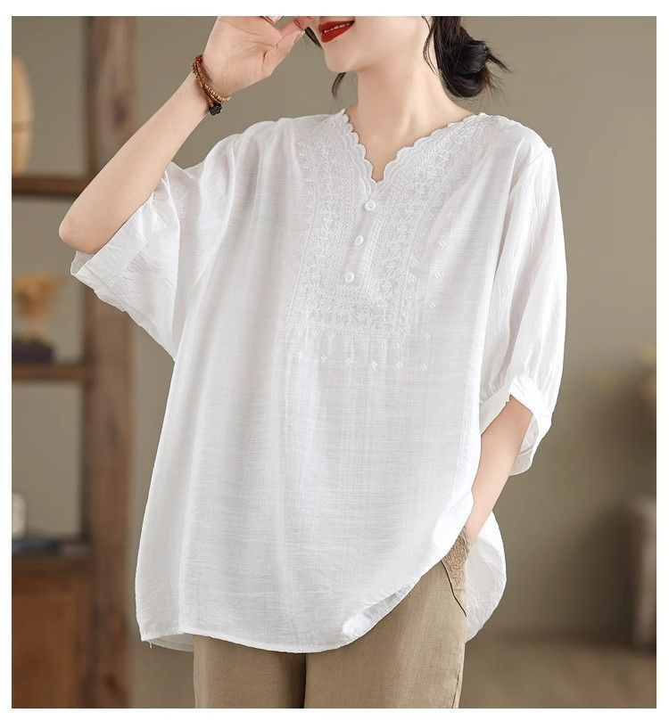 レディース ゆったり 綿麻 七分袖Tシャツ　