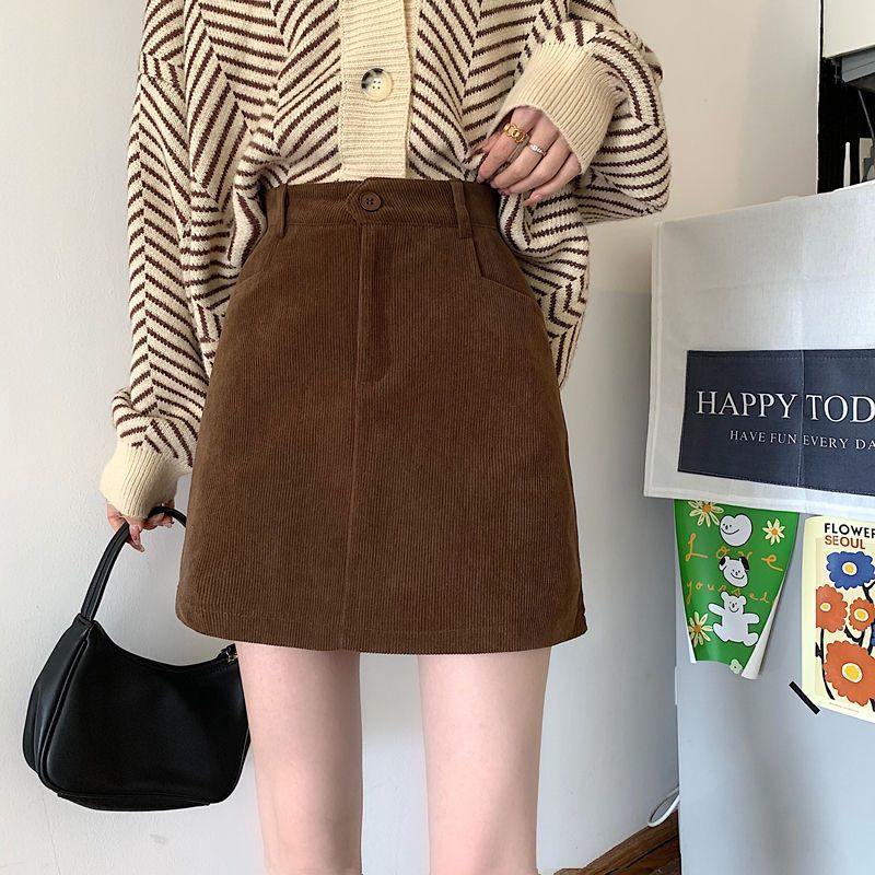 Fat mm プラスサイズ女性用コーデュロイ Aラインスカート、秋、新デザイン、ハイウエスト、ブラック、スリム、ヒップにぴったり合うショートスカート