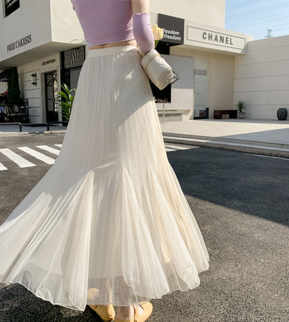 メッシュスカート ハイウエスト Aライン プリーツスカート ミドル丈 レディース ロングスカート 春夏