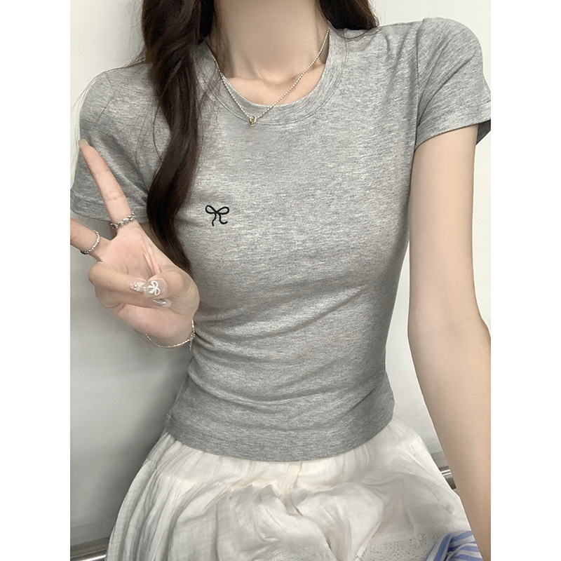 レディース 半袖 Tシャツ 蝶結び刺繍 リボン