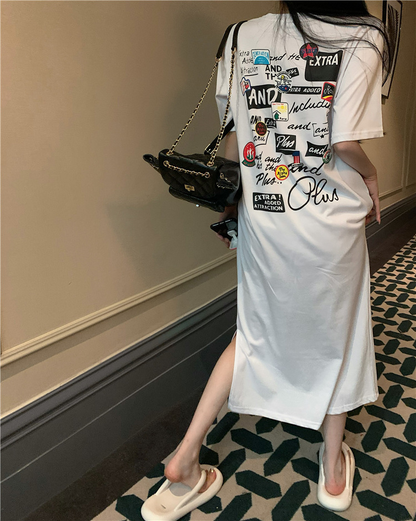 レディース ゆったり カジュアル半袖ロングスカート ワンピース  半袖Tシャツ 丸首