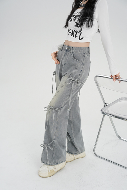 レディース デニム ワイドレックパンツ 蝶結び リボン ストレート ジーンズ