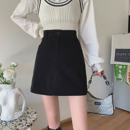 Fat mm プラスサイズ女性用コーデュロイ Aラインスカート、秋、新デザイン、ハイウエスト、ブラック、スリム、ヒップにぴったり合うショートスカート