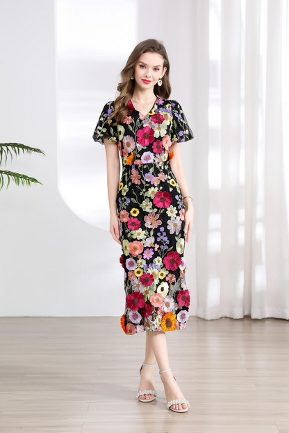 フラワー ワンピース Vネック 花柄 半袖