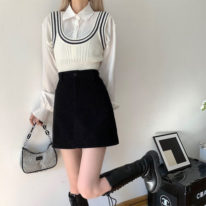 Fat mm プラスサイズ女性用コーデュロイ Aラインスカート、秋、新デザイン、ハイウエスト、ブラック、スリム、ヒップにぴったり合うショートスカート
