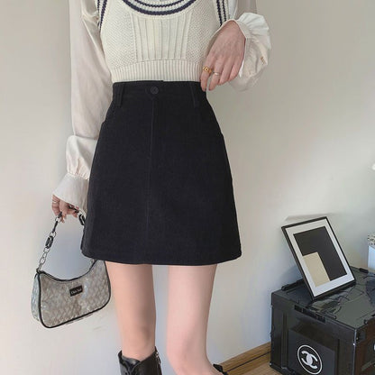 Fat mm プラスサイズ女性用コーデュロイ Aラインスカート、秋、新デザイン、ハイウエスト、ブラック、スリム、ヒップにぴったり合うショートスカート