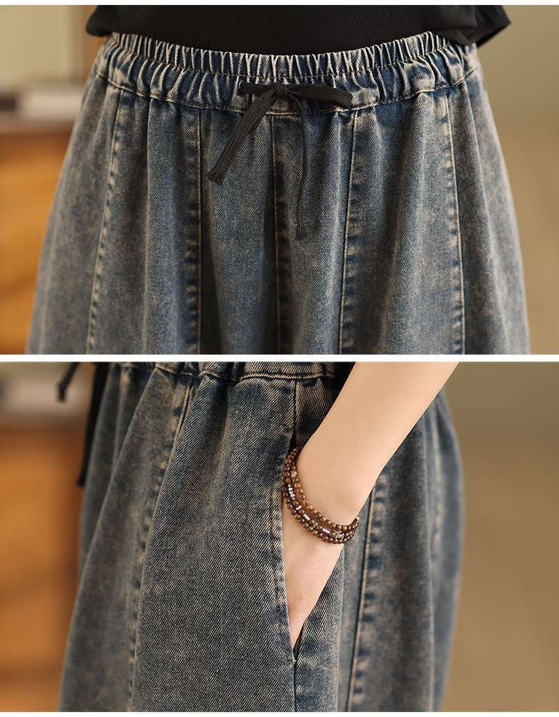 レディース ウォッシュデニム ワイドパンツ 伸縮性 ストレッチ加工