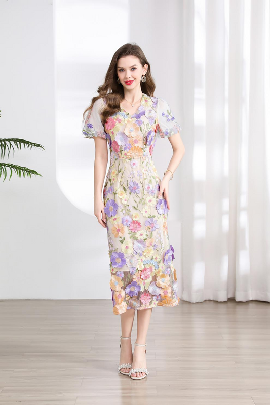 フラワー ワンピース Vネック 花柄 半袖