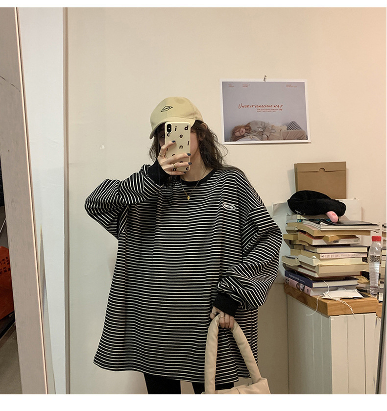 レディース ルーズ ストライプ長袖Tシャツ スウェットシャツ ゆったり