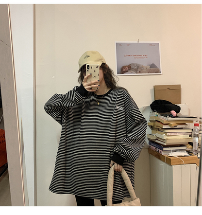 レディース ルーズ ストライプ長袖Tシャツ スウェットシャツ ゆったり