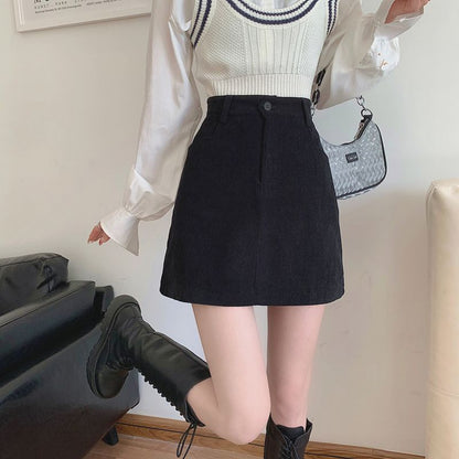 Fat mm プラスサイズ女性用コーデュロイ Aラインスカート、秋、新デザイン、ハイウエスト、ブラック、スリム、ヒップにぴったり合うショートスカート