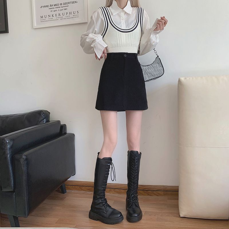 Fat mm プラスサイズ女性用コーデュロイ Aラインスカート、秋、新デザイン、ハイウエスト、ブラック、スリム、ヒップにぴったり合うショートスカート