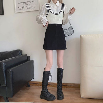 Fat mm プラスサイズ女性用コーデュロイ Aラインスカート、秋、新デザイン、ハイウエスト、ブラック、スリム、ヒップにぴったり合うショートスカート