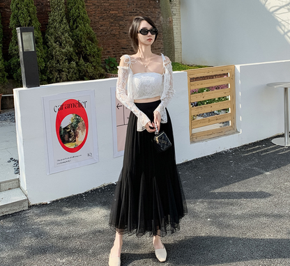 メッシュスカート ハイウエスト Aライン プリーツスカート ミドル丈 レディース ロングスカート 春夏