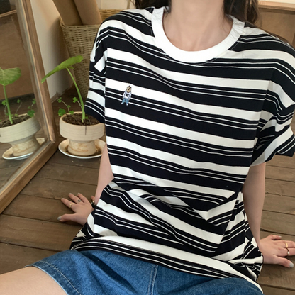 綿100％ コットン素材 刺繡入り ラウンドネック ストライプ 半袖Tシャツ レディース ゆったり カジュアル