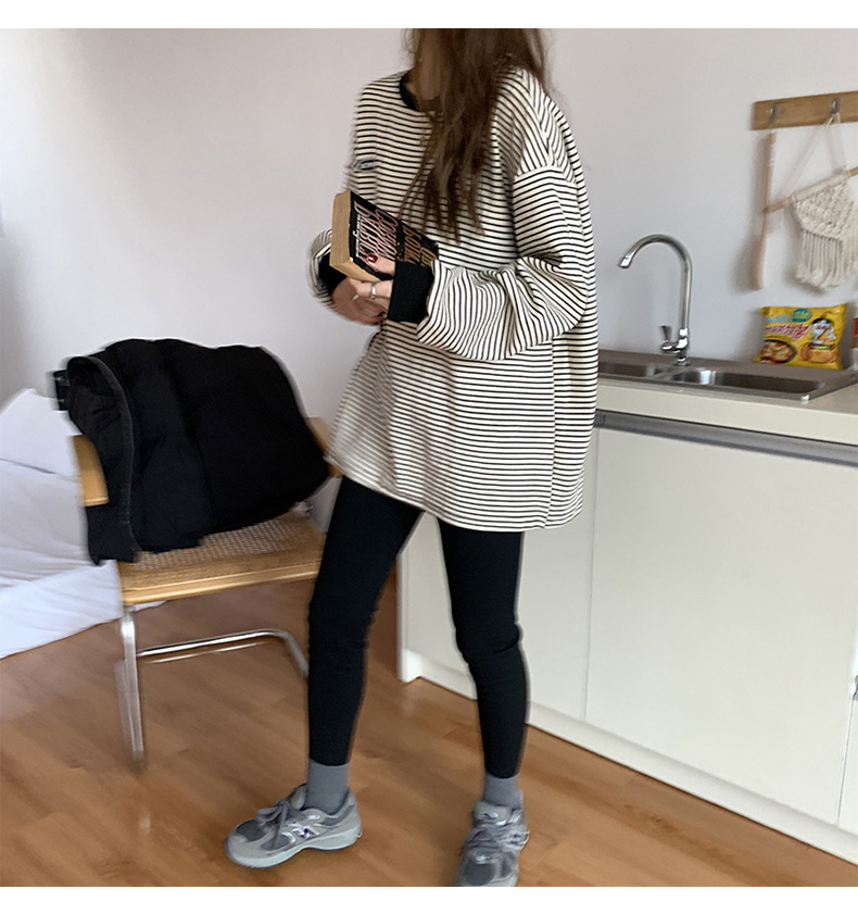 レディース ルーズ ストライプ長袖Tシャツ スウェットシャツ ゆったり