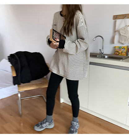レディース ルーズ ストライプ長袖Tシャツ スウェットシャツ ゆったり