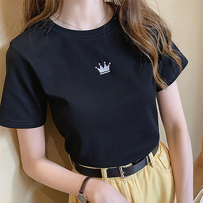 レディース スリム ラウンドネック半袖Tシャツ王冠刺繍