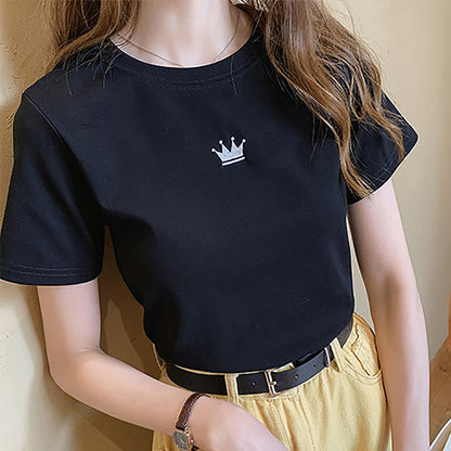 レディース スリム ラウンドネック半袖Tシャツ王冠刺繍