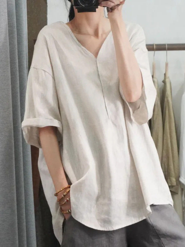 レディース 綿麻 シャツ Vネック ゆったり 七分袖