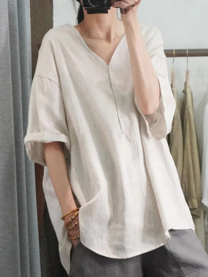 レディース 綿麻 シャツ Vネック ゆったり 七分袖