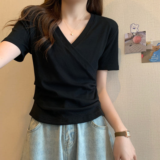 レディース クロスVネック半袖Tシャツ スリムフィット