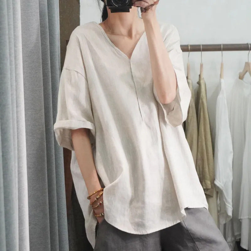 レディース 綿麻 シャツ Vネック ゆったり 七分袖