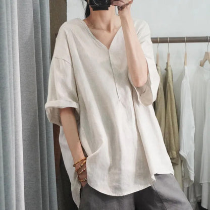 レディース 綿麻 シャツ Vネック ゆったり 七分袖