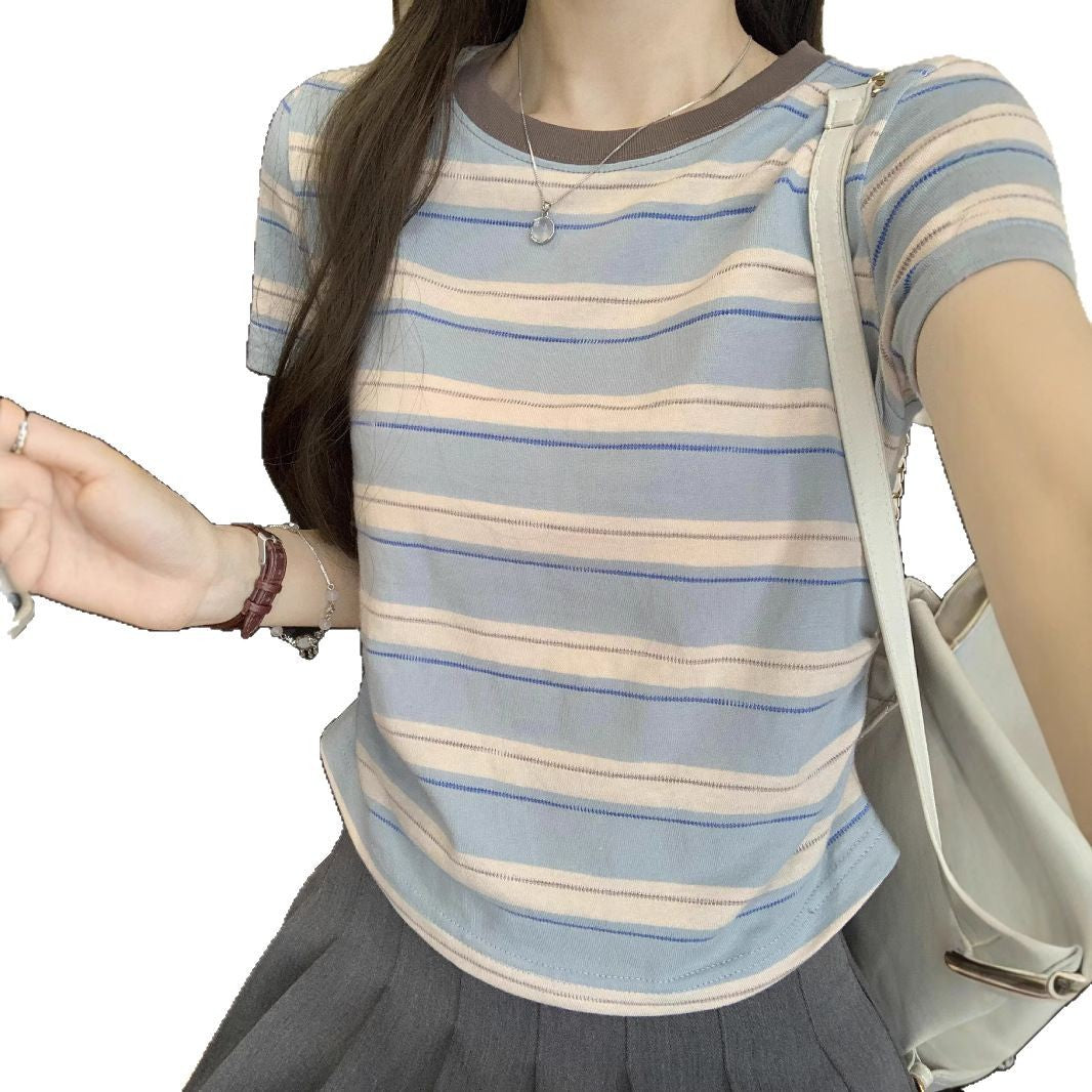 レディース ブルーストライプ 半袖Tシャツ