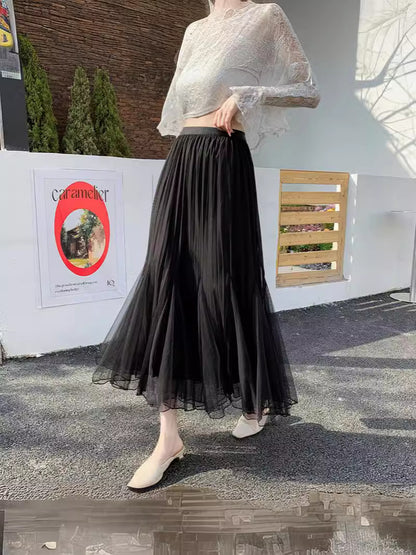 メッシュスカート ハイウエスト Aライン プリーツスカート ミドル丈 レディース ロングスカート 春夏