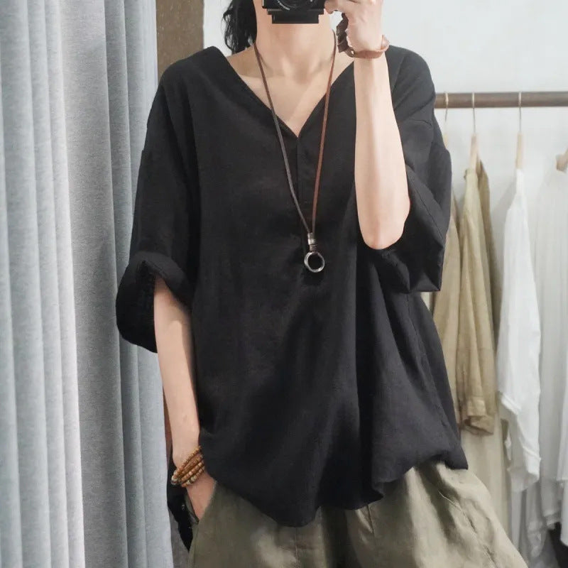 レディース 綿麻 シャツ Vネック ゆったり 七分袖