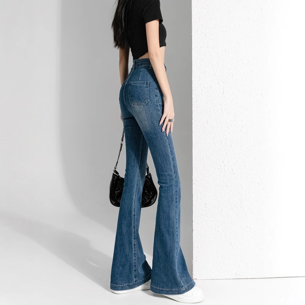 細見えデニムパンツ ストレッチ ブーツカット アメカジ パッチポケット