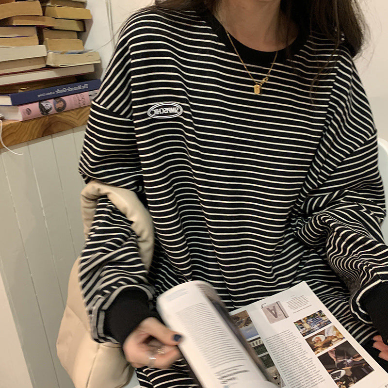 レディース ルーズ ストライプ長袖Tシャツ スウェットシャツ ゆったり