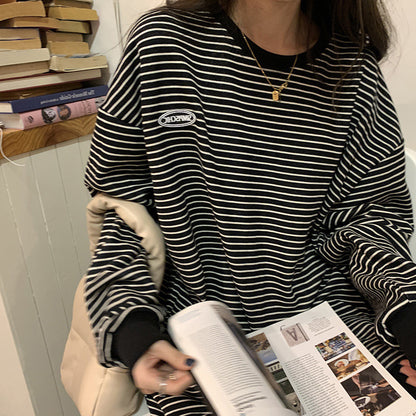 レディース ルーズ ストライプ長袖Tシャツ スウェットシャツ ゆったり
