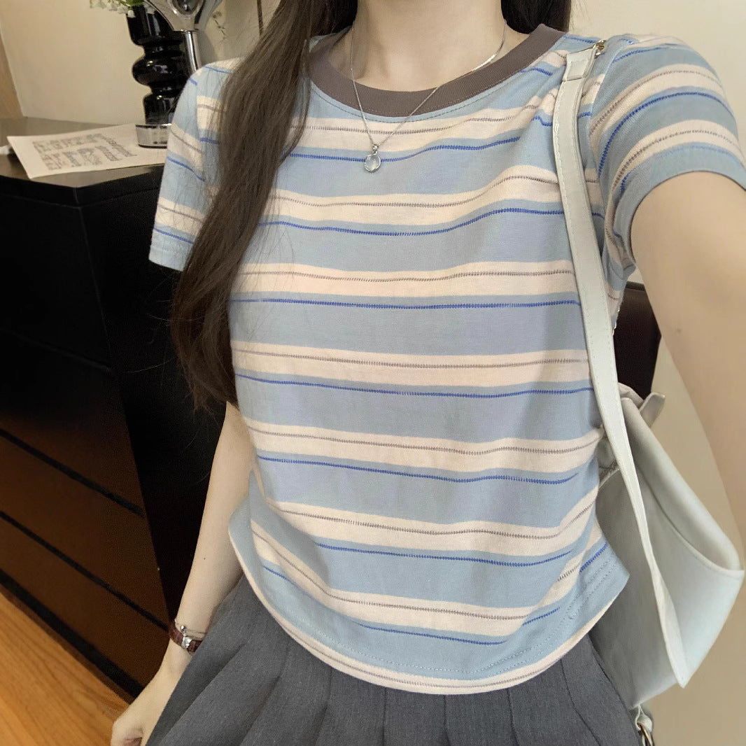 レディース ブルーストライプ 半袖Tシャツ